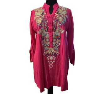 NWT Luna Moon Anthropologie M Hot Pink Popover Tunic Floral Embroidered Boho